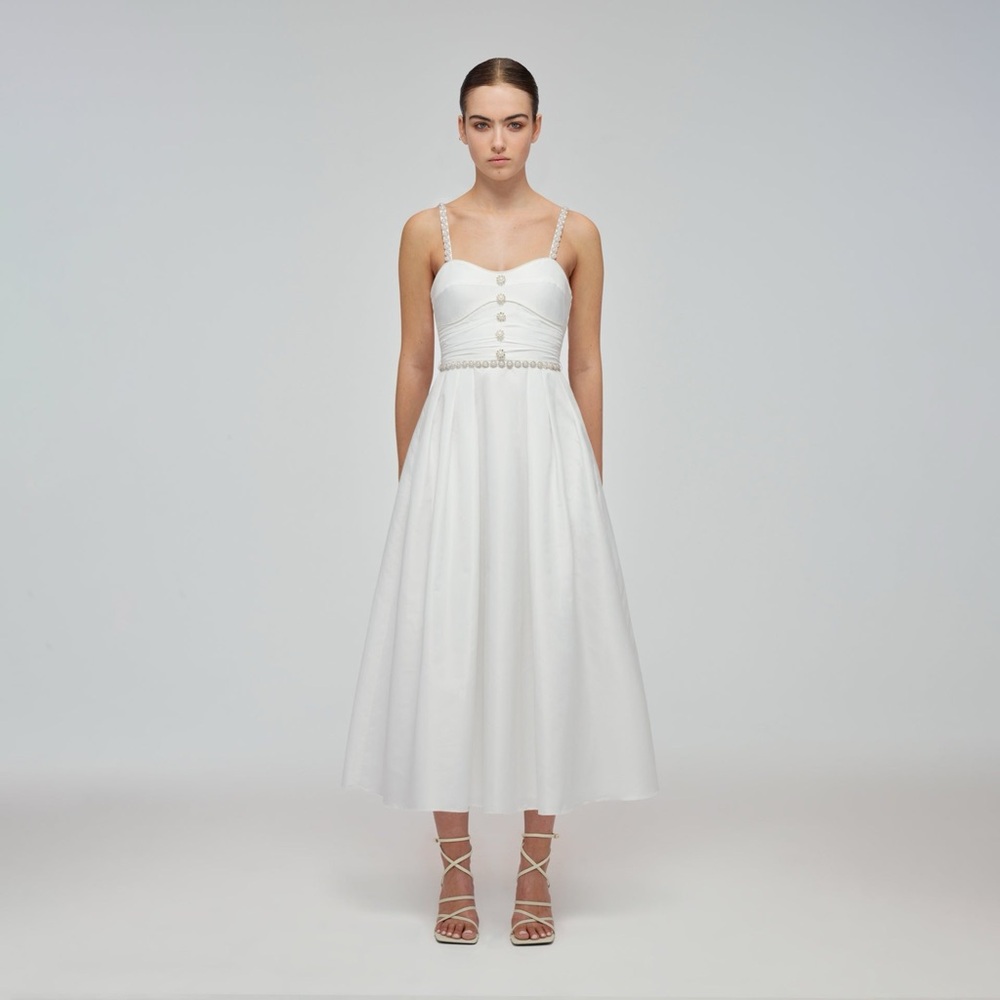 Self-Portrait White Satin Taffeta Midi Dress with Pearl Accents & Belt